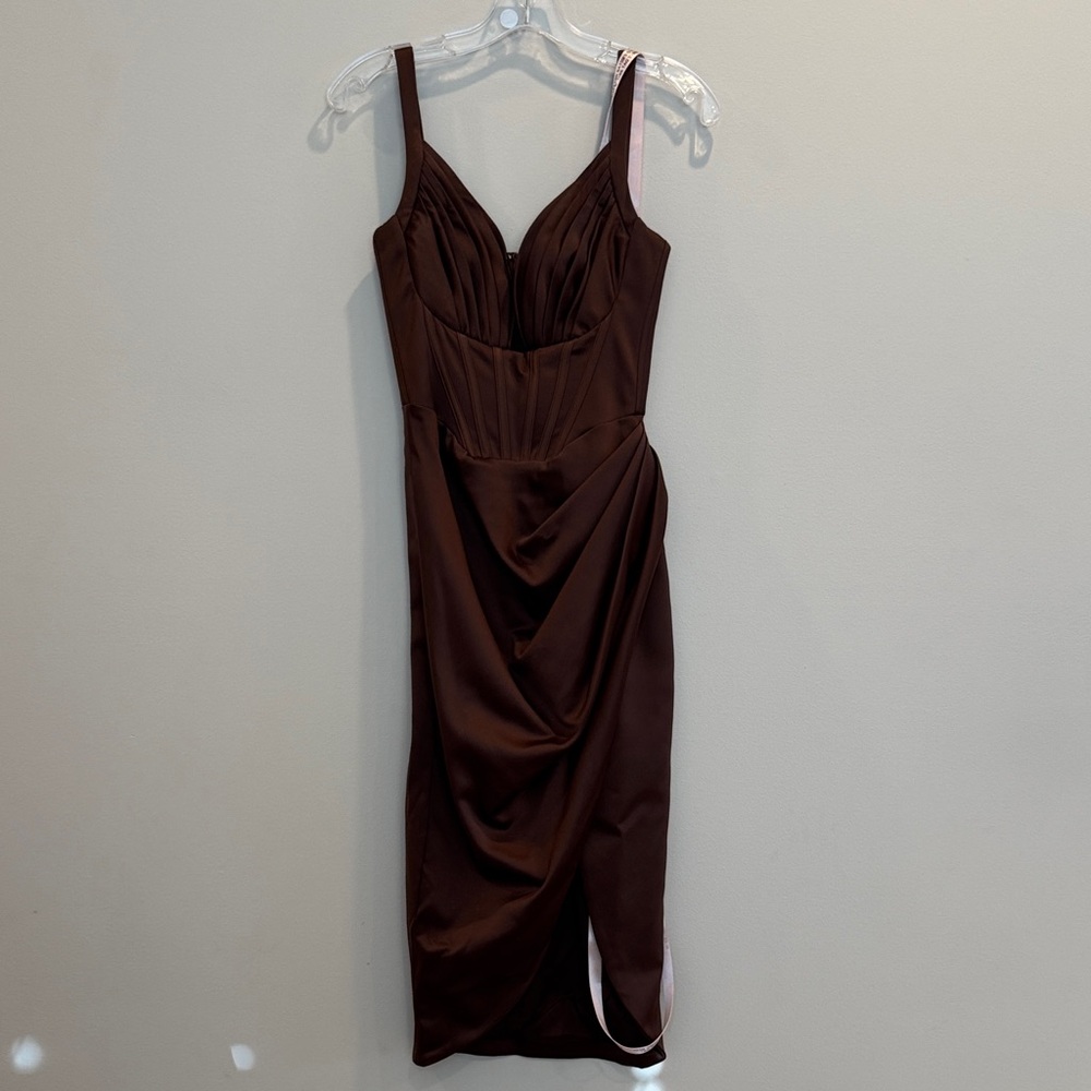 NWT House of CB Faye Chocolate Pleated Midi Dress, Size XS